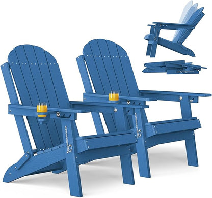 YEFU Adirondack Chair Set of 2 for Outdoor: Folding Plastic Composite Chair with Cup Holder for Patio - All-Weather Foldable Adjustable HDPE Fire Pit Adirondack Chairs - Easy Assembly