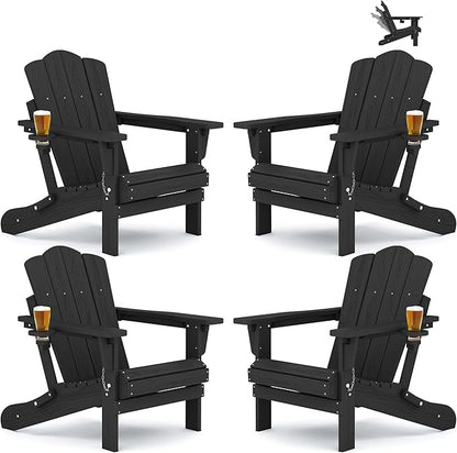 KINGYES Adjustable Folding Adirondack Chair Set of 4, 3-Position Reclining Adirondack Chairs with Cup Holder, HDPE All-Weather Oversized Adirondack for Outdoor, Patio, Backyard Deck, Fire Pit, Black