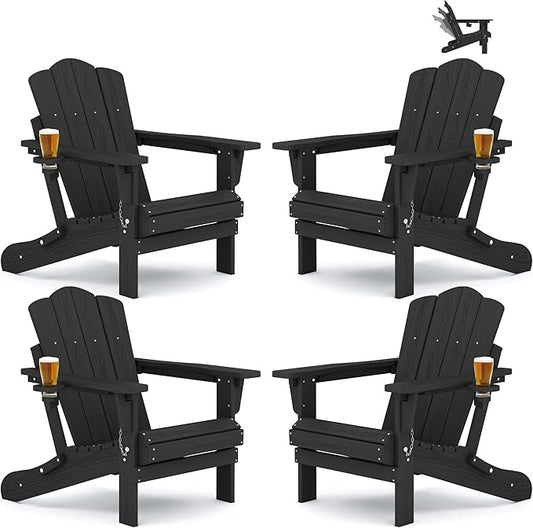 KINGYES Adjustable Folding Adirondack Chair Set of 4, 3-Position Reclining Adirondack Chairs with Cup Holder, HDPE All-Weather Oversized Adirondack for Outdoor, Patio, Backyard Deck, Fire Pit, Black