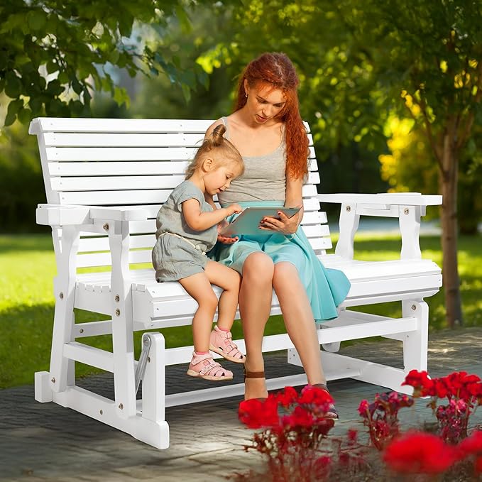 VINGLI Wooden Patio Glider, Heavy Duty 800 LBS Outdoor Glider with Cup Holders - Photo 7