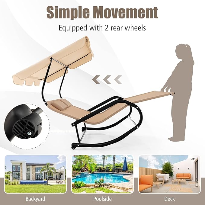Tangkula 2 Person Lounge Chair with Adjustable Canopy, Outdoor Chaise Lounge with 2 Detachable Pillows and Wheels - Photo 7