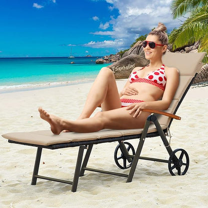 Tangkula Foldable Lounge Chair Outdoor, Wicker Chaise Lounge with Aluminum Frame, 7-Position Adjustable Reclining Pool Lounge Chairs with Wheels, Rattan Lounger with Cushion for Outside Patio Balcony
