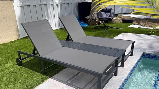 PURPLE LEAF Outdoor Double Chaise Lounge Modern Aluminum Lounge Chairs with Independently Adjustable Backrest Tanning Daybed Reclining Loveseat for Pool Beach Garden Patio Lounger Grey