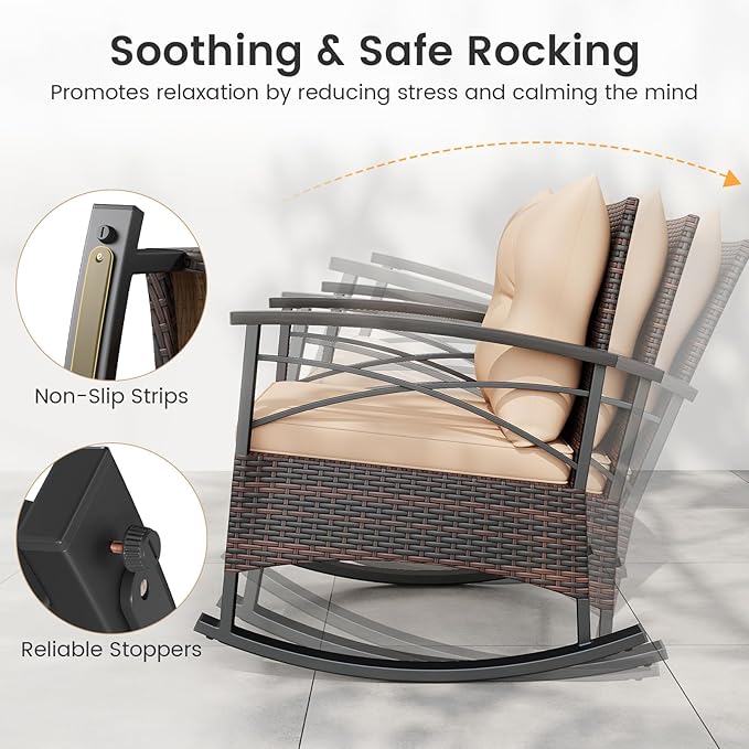 ORALNER 3-Piece Wicker Rocking Chair Set, Outdoor Cushioned Rocker and Acacia Wood Side Table, 400lbs Capacity, PE Rattan Patio Conversation Bistro Set for Porch, Garden, Deck, Poolside, Yard (Beige)
