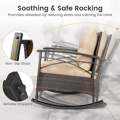 ORALNER 3-Piece Wicker Rocking Chair Set, Outdoor Cushioned Rocker and Acacia Wood Side Table, 400lbs Capacity, PE Rattan Patio Conversation Bistro Set for Porch, Garden, Deck, Poolside, Yard (Beige)