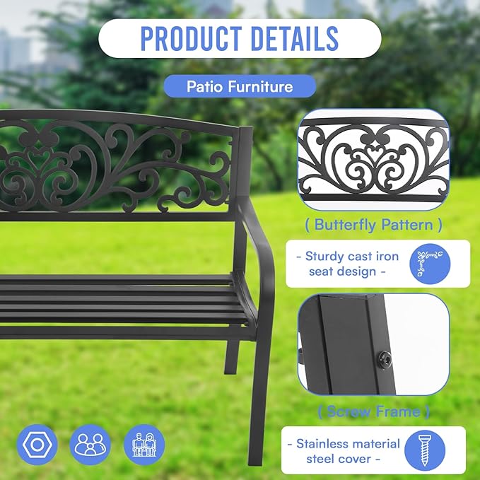 50 Inches Outdoor Garden Bench Cast Iron Metal Frame Patio Park Bench with Floral Pattern Backrest Patio Furniture Chair Outdoor Bench Lawn Yard,Black