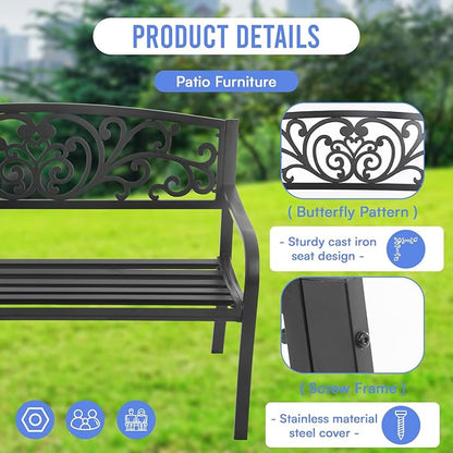 50 Inches Outdoor Garden Bench Cast Iron Metal Frame Patio Park Bench with Floral Pattern Backrest Patio Furniture Chair Outdoor Bench Lawn Yard,Black