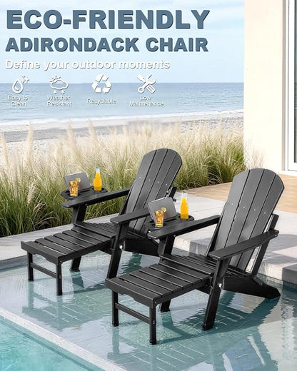 Adjustable Adirondack Chair with Retractable Ottoman Set of 4, HDPE Folding Adirondack Chair with Cup Holder, All Weather Fire Pit Chair for Outdoor,Black
