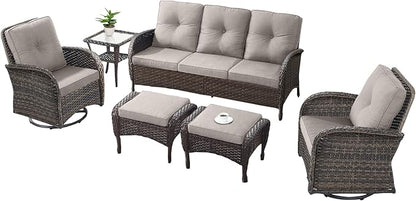 6 Pieces Outdoor Furniture-Patio Swivel Rocker Chairs Set of 2 3-Seater Wicker Couch with Outdoor Ottoman Outdoor Patio Furniture Set for Deck Porch Garden Balcony Poolside-Brown/Beige