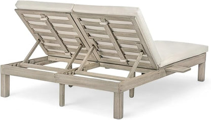 SOFTSEA Patio Double Chaise Lounge with 5-Position Adjustable Backrest, Outdoor Chaise Lounge with Cushions for 2 People, Wooden Outdoor Daybed with Folding Side Trays for Pool Backyard, Gray