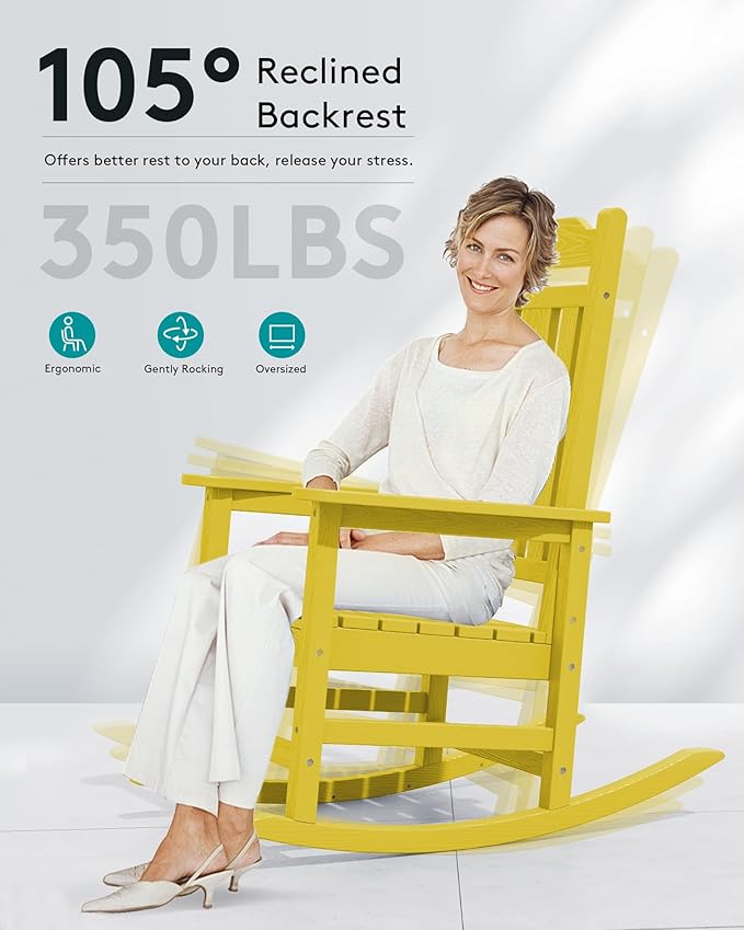 SERWALL Outdoor Rocking Chair Set of 2, Patio Rocking Chairs Set, HDPE Rocking Chair Outdoor for Adults, Heavy Duty Front Porch Rocker, Yellow