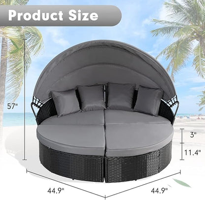 SUNCROWN Outdoor Patio Round Daybed with Retractable Canopy, Black Wicker Furniture Sectional Couch with Washable Cushions, Backyard, Porch