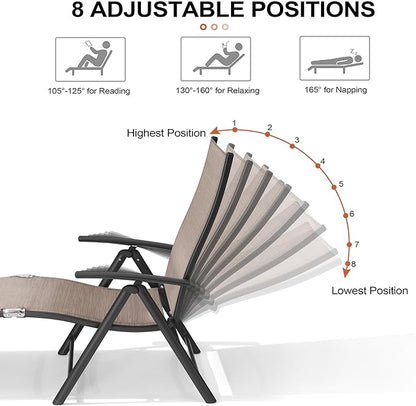 Crestlive Products Chaise Lounge Chair Outdoor Set of 2, Aluminum Folding Patio Recliner Chair, Adjustable 8 Positions Assemble-Free Perfect for Beach, Yard, Pool, Deck