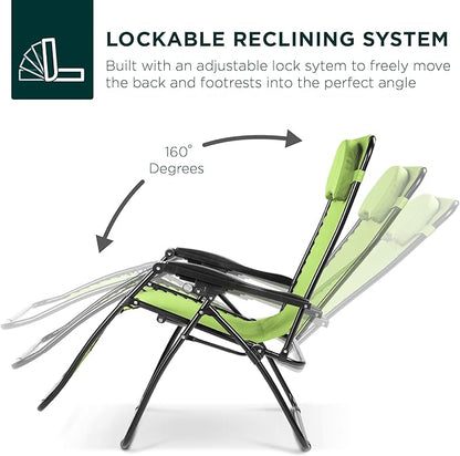 Best Choice Products Oversized Zero Gravity Chair, Folding Outdoor Patio Lounge Recliner w/Cup Holder Accessory Tray, Pillow - Lime Green