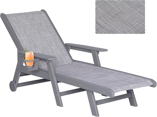 Outdoor Chaise Lounge Chair with Textilene Surface, 5-Position Adjustable Patio Lounge Chair with Wheels & Cup Holder, HDPE Pool Lounge Chair for Outside, Poolside & Beach (Grey, 1)