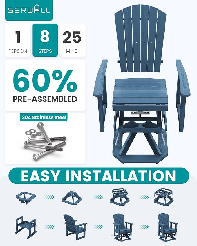 SERWALL Adirondack Swivel Glider Chair, HDPE Patio Glider Set of 2, All-Weather Glider Chair for Porch, Balcony - Photo 8