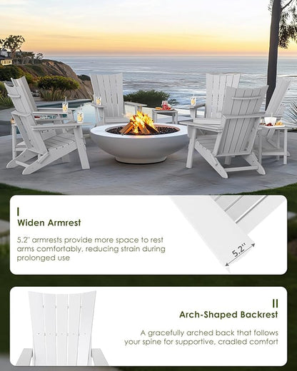GREENVINES Folding-Adirondack-Chairs-Set-of-2 | HDPE Plastic | Arch Series | Fire Pit Chair | with Connecting Tray | Removable Table | All Weather | for Outdoor Patio Deck Poolside | White