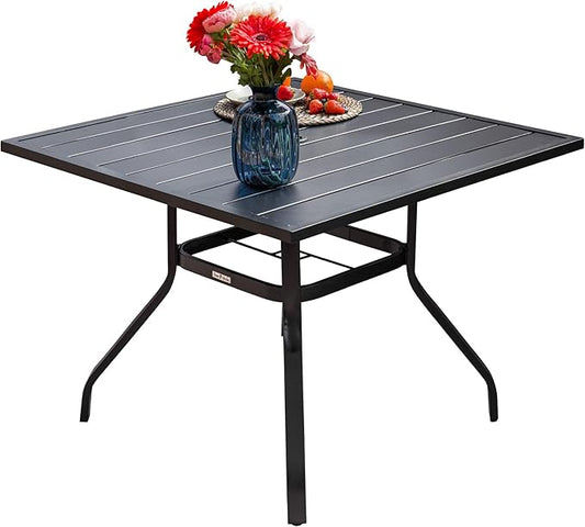 Sour Citrus 37" Outdoor Square Metal Patio Dining Table with Umbrella Hole, Weather-Resistant Table for Garden, Backyard, Balcony, or Deck, Black