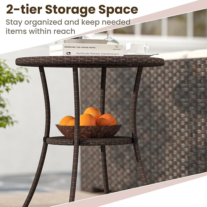 Tangkula 25 inch Patio Wicker Coffee Table Outdoor Backyard Lawn Balcony Pool Round Tempered Glass Top Rattan Steel - Photo 7