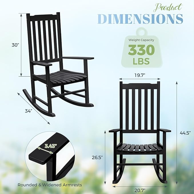 Flamaker Acacia Wood Patio Rocking Chair Set of 2, High Back and Widen Armrest for Adults, Solid Wood Porch Rocking Chair for Lawn, Garden, Backyard (Black)