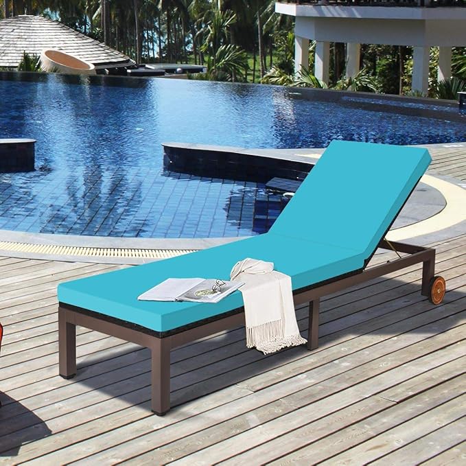 Tangkula Patio Chaise Lounge Chair, Outdoor Rattan Lounger Recliner Chair with Wheels, Wicker Chaise Chair W/Cushioned Seating, Recliner 5-Position Adjustable for Garden Patio Poolside (2, Turquoise)