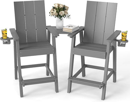 FOOWIN Tall Adirondack Chairs Set of 2,HDPE Adirondack Bar Stools with Connecting Tray & Cup Holders,Weather Resistant Balcony Chair for Outdoor Deck Lawn Pool Backyard Grey