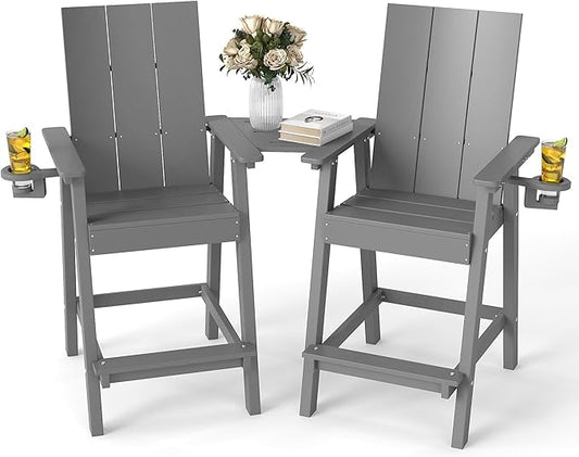 FOOWIN Tall Adirondack Chairs Set of 2,HDPE Adirondack Bar Stools with Connecting Tray & Cup Holders,Weather Resistant Balcony Chair for Outdoor Deck Lawn Pool Backyard Grey