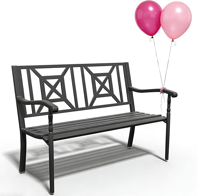 YLGJ&TIDY 50 Inches Garden Benches for Outdoor Patio Bench with Pattern Backrest Armrest Weatherproof Park Benches Metal Bench for Garden Park Porch Lawn Yard (BENCH05)