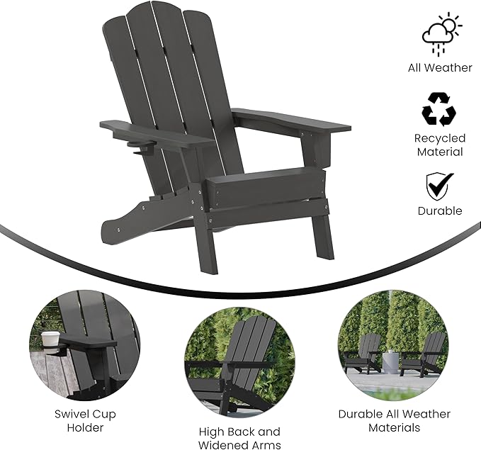 Flash Furniture Newport Adirondack Chair with Cup Holder, Weather Resistant Poly Resin Adirondack Chair, Gray