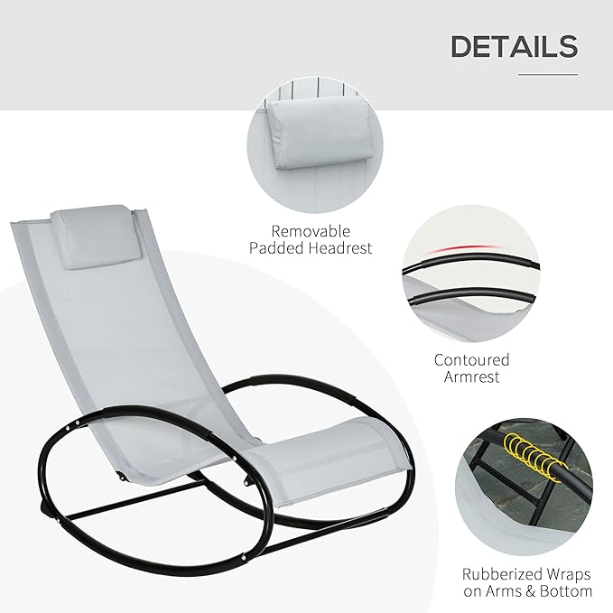 Outsunny Pool Lounger, Outdoor Rocking Lounge Chair for Sunbathing, Pool, Beach, Porch with Pillow and Cool Mesh, Sun Tanning Rocker, Grey