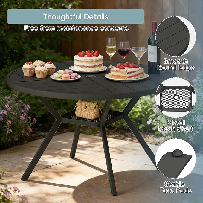 47" Outdoor Patio Table Dining Table, All Weather Metal Round Patio Table with Adjustable Umbrella Hole - Photo 6