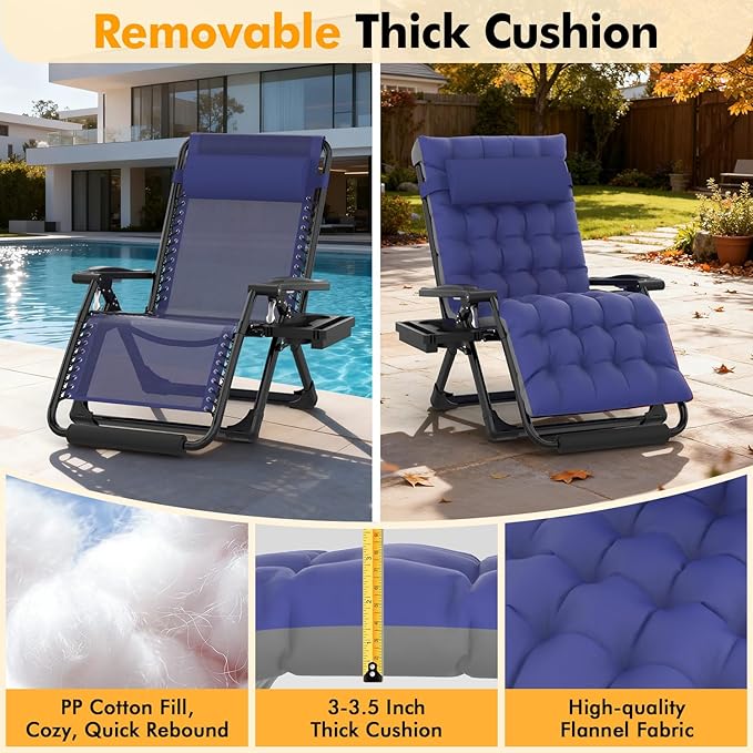 Slendor Zero Gravity Chair Oversized, 33In XXL Reclining Lounge Chair with Removable Cushion, Cup Tray, Footrest, Folding Reclining Camping Patio Recliner Chair w/Upgraded Lock,Blue