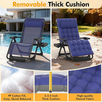 Slendor Zero Gravity Chair Oversized, 33In XXL Reclining Lounge Chair with Removable Cushion, Cup Tray, Footrest, Folding Reclining Camping Patio Recliner Chair w/Upgraded Lock,Blue
