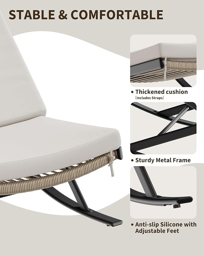 GarveeLife Outdoor Rocking Lounge Chair Set of 2, Patio Chaise Lounge with Removable Cushion for Napping Relaxing, Indoor Reclining Papasan Rocker Chair, Beige