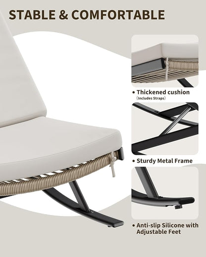 GarveeLife Outdoor Rocking Lounge Chair Set of 2, Patio Chaise Lounge with Removable Cushion for Napping Relaxing, Indoor Reclining Papasan Rocker Chair, Beige