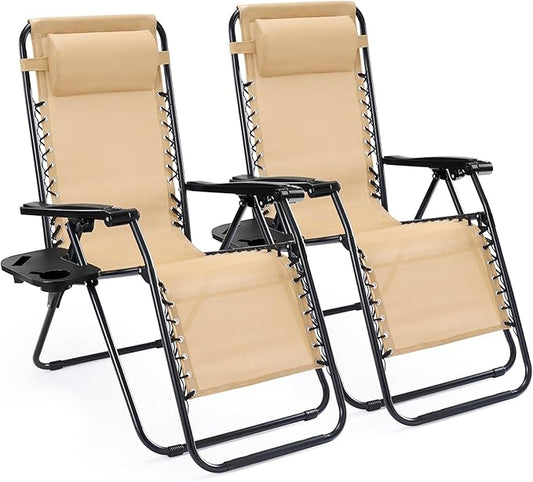 NEWBULIG Zero Gravity Chair Set of 2, Lounge Chair Folding Portable Adjustable Camping Reclining Chairs with Adjustable Pollow, Mesh Back, Cup Holder Trays Lawn Patio Chair for Pool Beach - Khaki