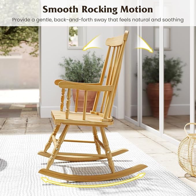 Giantex Outdoor Wood Rocking Chair - Patio Rocking Chair with Solid Rubber Wood Frame, Slat Back, Outside & Indoor Rocker for Garden, Poolside, Balcony, Backyard, Lawn, Front Porch Rocker, Natural