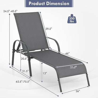 COSTWAY Outdoor Lounge Chairs Set of 2, Patio Chaise Lounge Recliner with Heavy Duty Steel Frame, 5-Position Adjustable Backrest for Deck, Beach, Pool (2, Dark Grey)