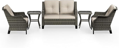 5 Piece Patio Furniture Set, 2-Seater Loveseat, 2 Chairs and 2 Side Tables, Rattan Conversation Set with Deep Seating and Olefin Cushions, for Outdoors Backyard, Deck, Garden, Beige