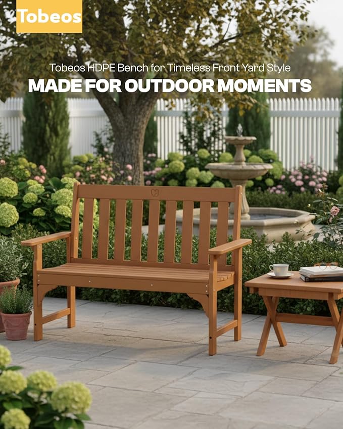 2-Person Outdoor Garden Bench, HDPE All-Weather Patio Bench with Backrest & Armrests, Heavy Duty Outdoor Seating for Porch, Backyard & Park, 660 lbs (Brown, 1 Bench)