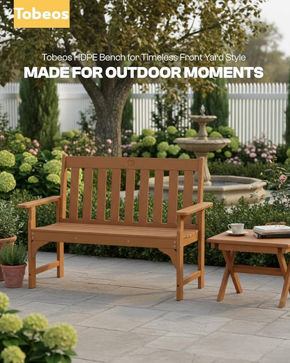2-Person Outdoor Garden Bench, HDPE All-Weather Patio Bench with Backrest & Armrests, Heavy Duty Outdoor Seating for Porch, Backyard & Park, 660 lbs (Brown, 2 Benches)