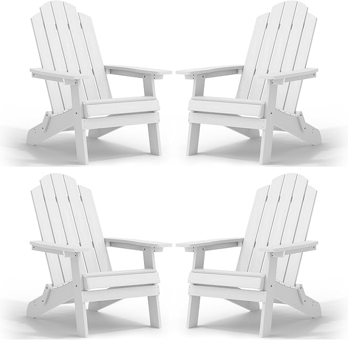 MXIMU Folding Adirondack Chair for Outdoor: Easy to Assemble and Comfortable Adirondack Chairs Set of 4 - All Weather Composite Plastic Chair for Outside Fire Pit Patio Lawn Garden Backyard Use(White)