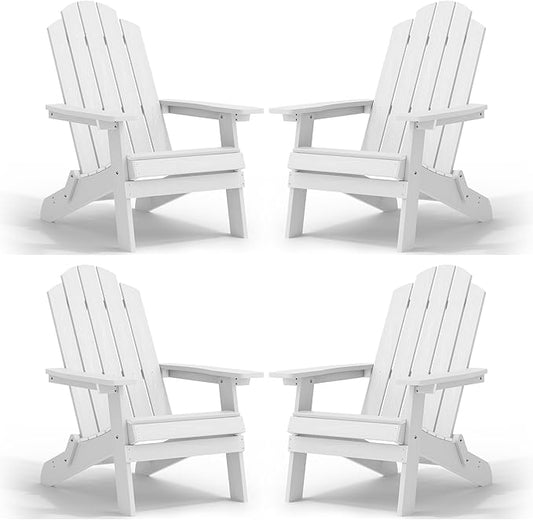 MXIMU Folding Adirondack Chair for Outdoor: Easy to Assemble and Comfortable Adirondack Chairs Set of 4 - All Weather Composite Plastic Chair for Outside Fire Pit Patio Lawn Garden Backyard Use(White)