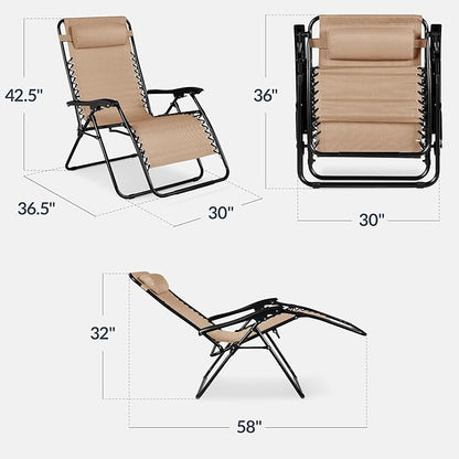 Best Choice Products Set of 2 Extra Wide Adjustable Steel Mesh Zero Gravity Lounge Chair Recliners w/Pillows and Cup Holder Trays - Sand