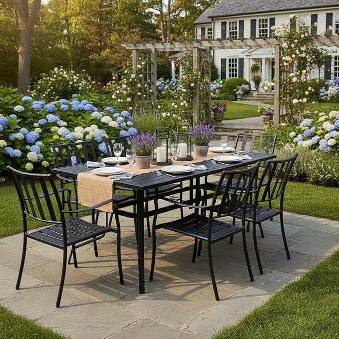 Tangkula 66" x 33" Metal Patio Dining Table for 6, Rectangle Heavy Duty Outdoor Dining Table with Umbrella Hole, 6-Person Outside Dining Furniture for Porch, Garden, Balcony and Backyard