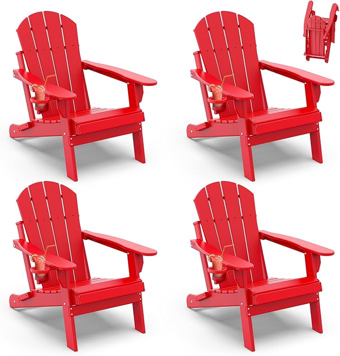 IVY&LANE Folding-Adirondack-Chairs-Set-of-4 | HDPE Plastic | Outdoor Fire Pit Chair with Cup Holder | Red | Poly | Weather Resistant | for Patio Deck Poolside Garden Beach