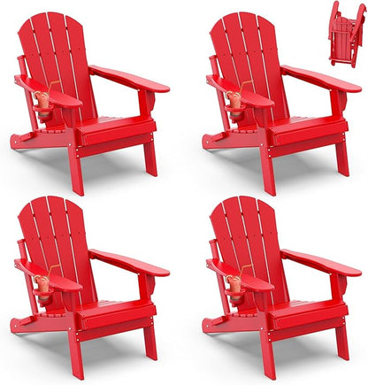 IVY&LANE Folding-Adirondack-Chairs-Set-of-4 | HDPE Plastic | Outdoor Fire Pit Chair with Cup Holder | Red | Poly | Weather Resistant | for Patio Deck Poolside Garden Beach