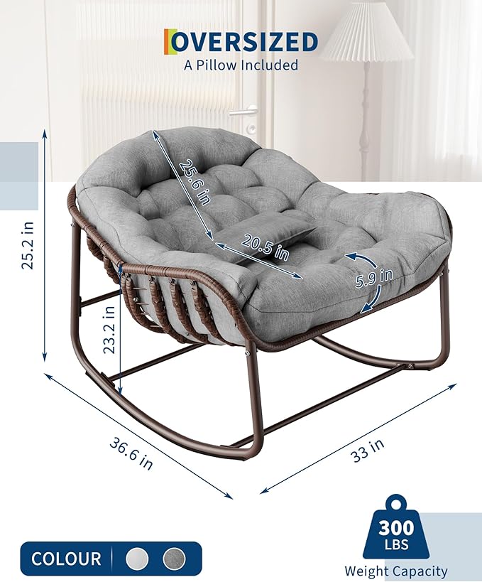GarveeLife Outdoor Papasan Rocking Chair, Oversized Wicker Lounge Chair with Cushion and Metal Frame, Patio Rattan Egg Rocker for Balcony Backyard Porch Bedroom, Grey