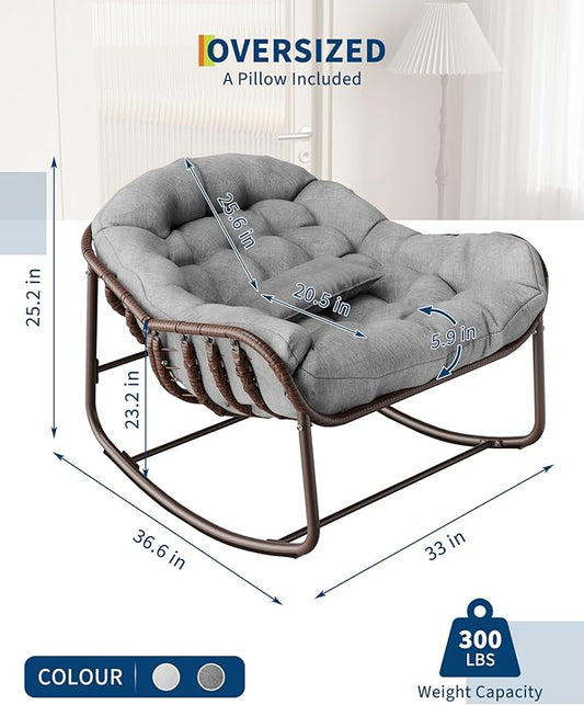 GarveeLife Outdoor Papasan Rocking Chair, Oversized Wicker Lounge Chair with Cushion and Metal Frame, Patio Rattan Egg Rocker for Balcony Backyard Porch Bedroom, Grey