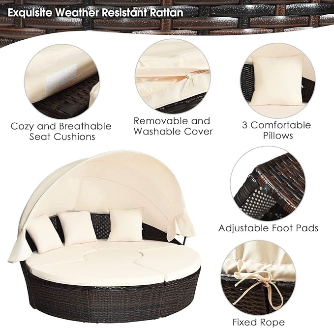 HAPPYGRILL Patio Round Daybed with Canopy, Outdoor Wicker Rattan Sectional Sofa with Coffee Table, Cushions - Photo 4